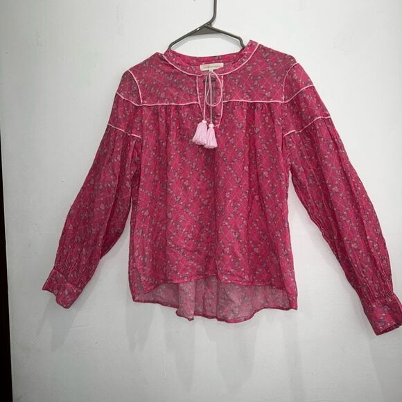 LoveShackFancy Hot Pink Prairie Cotton Peasant Blouse Floral Print Fuschia Berry - Picture 1 of 10